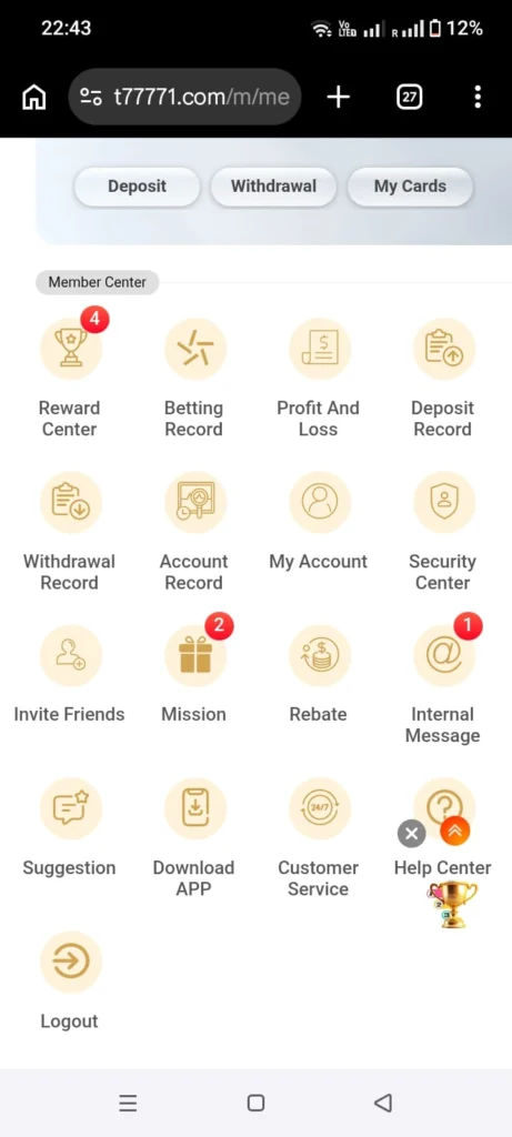 t7777 game deposit and withdraw section