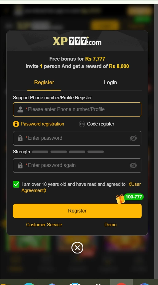 xp777 game registration and login page