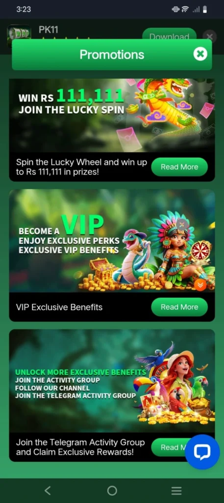 PK11 Game promotional rewards dashboard