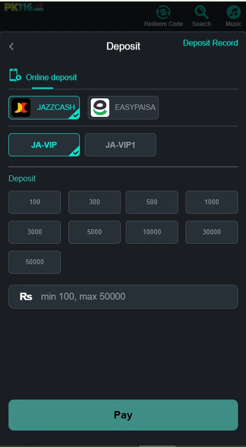 Pk116 game deposit section
