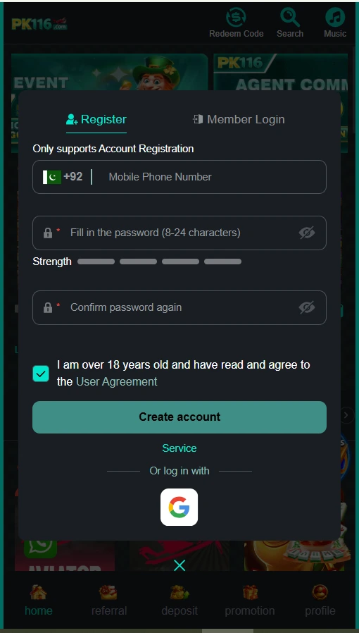 pk116 game registration and login