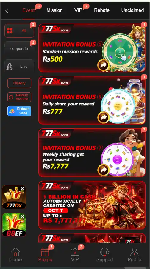 777sx game rewards and promotios