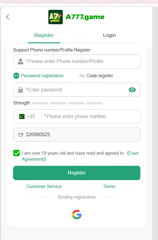 A777 Game registration and sign up